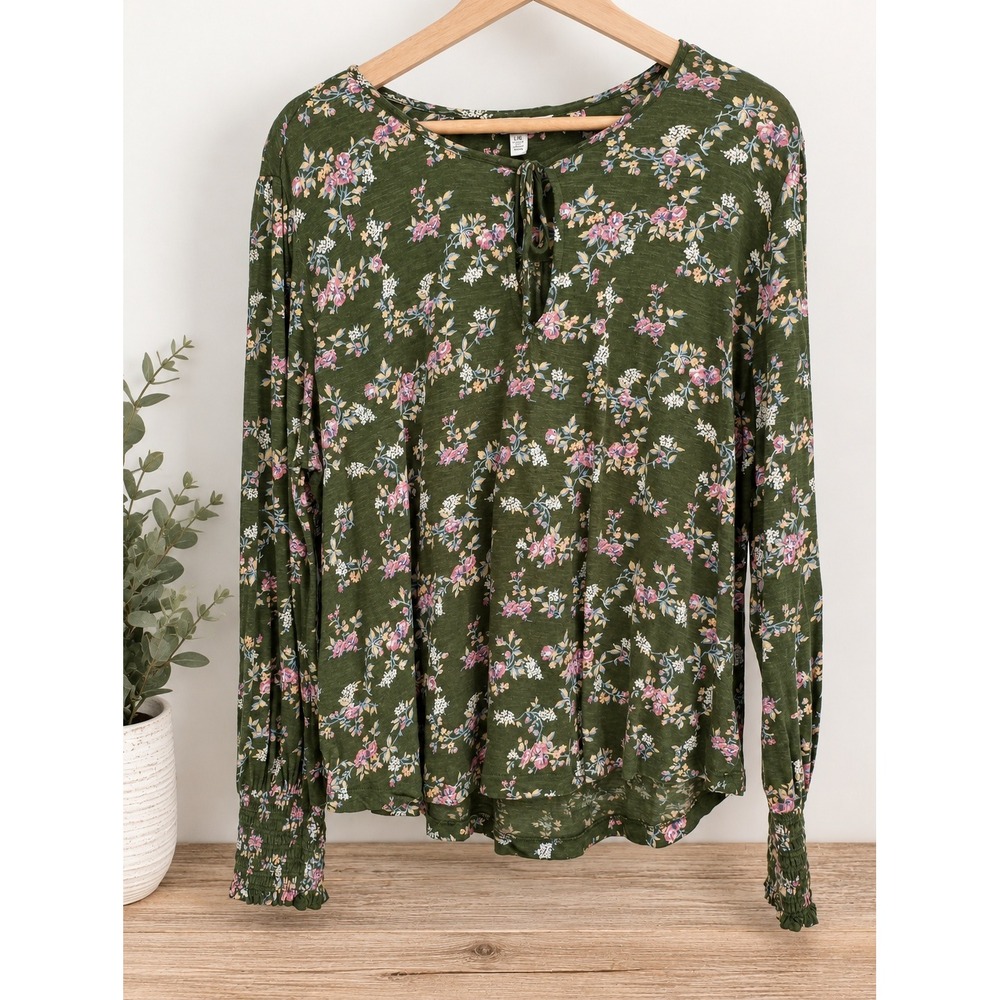 Lucky Brand Floral Top Women Large Green Long Sleeve Smocked Cuff Keyhole Tie